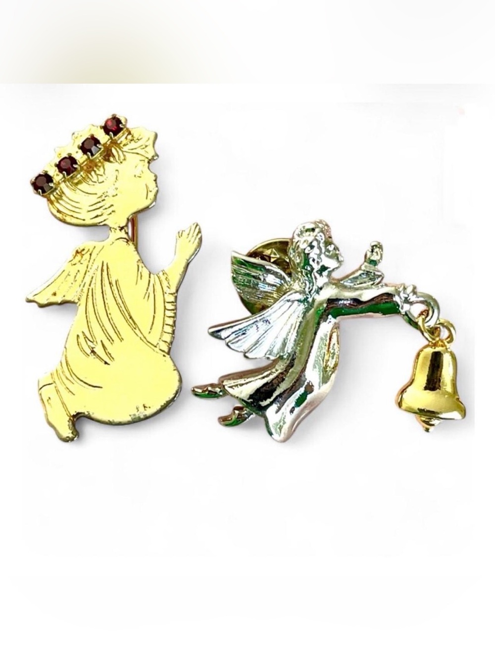 Vintage 1950s Angel Brooch Pin Lot Gold Silver Rhinestone Bell Retro Christmas